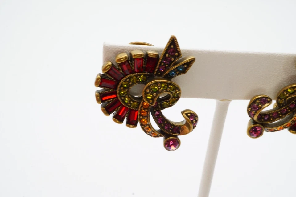 Clip On Earrings Brass Tone Red Green Orange Crystal - Image 2 of 4