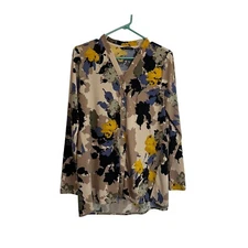 H By Halston Floral Button Up Long Sleeve Shirt Tan Blue Yellow Womens Size XS