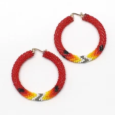 Handmade Red and Multicolor Native-Style Hoop Earrings 2”