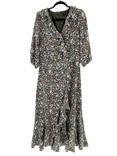 SKIES ARE BLUE Women's Green Floral 3/4 Sleeve Faux Wrap Ruffle Maxi Dress Med