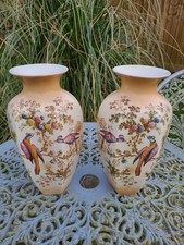 Royal Ducal Hexagonal Pheasant And Butterfly Vases Mirrored Pair 11 Inches Tall