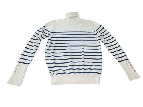 ZARA Women's Size Medium Navy Striped Turtleneck Sweater Embellished Sleeve