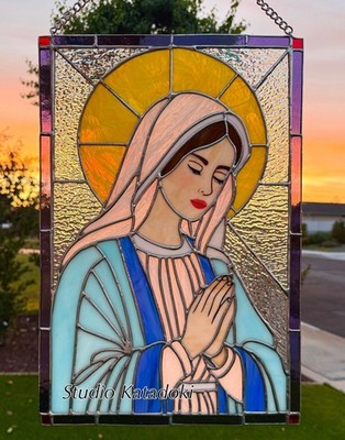  Mother in Prayer  by Studio Katadoki Handmade Stained Glass Window Panel 12x18 