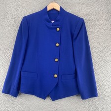Kasper Blazer Women 14 Petite Blue Wool Double Breasted Button Up Pocket Office 