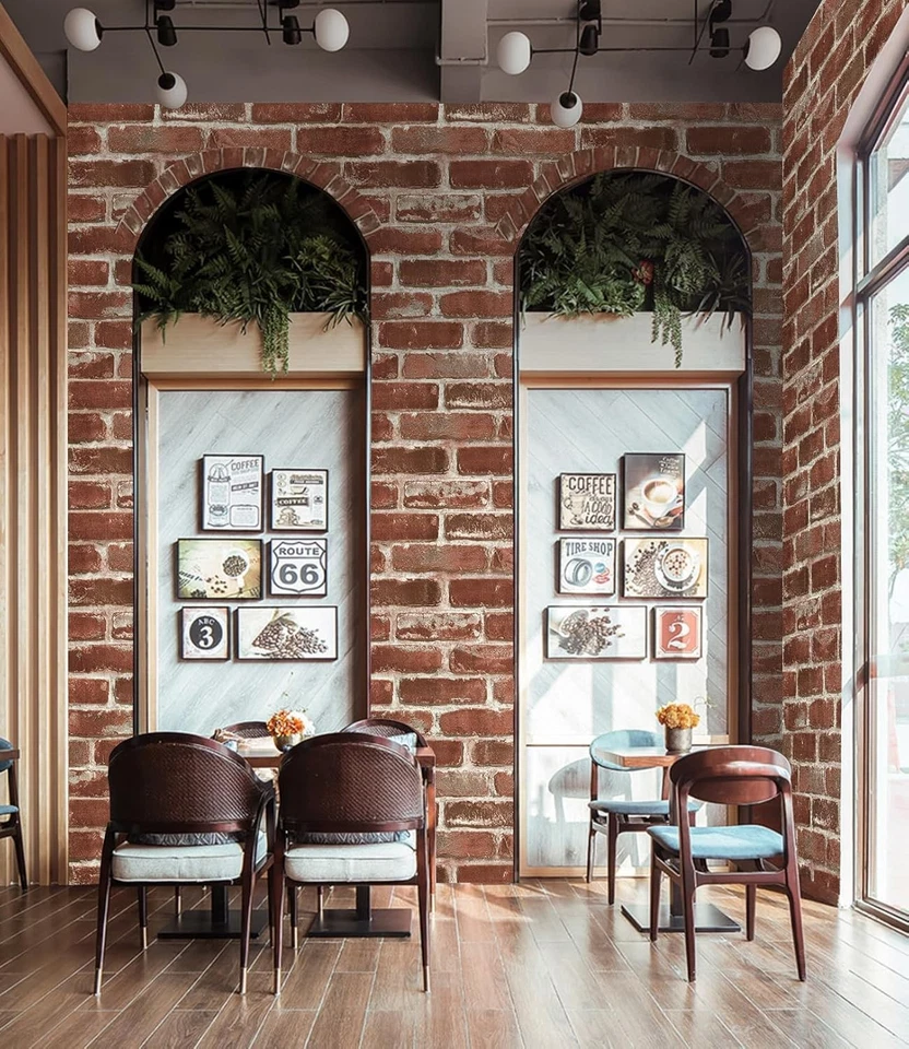 Papel pintado Hopeak rojo pelar y pegar ladrillo 17,5"x118" autoadhesivo Foto 4 de 4