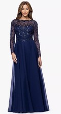 Xscape 6717X Sz 8 Navy Blue Embellished A-line Illusion Long Sleeve Gown 299
