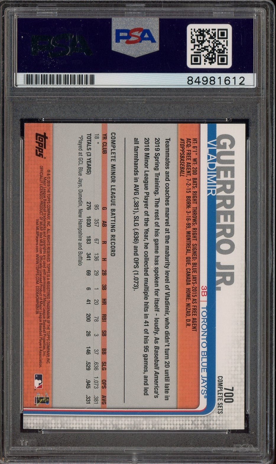 Vladimir Guerrero Jr Signed 2019 Topps Complete Sets #700 RC Rookie PSA/DNA AUTO view 2