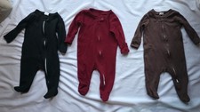 3 Pack Unisex Baby Footed Zip Babygrows 6–9M • Black Red Brown Cotton