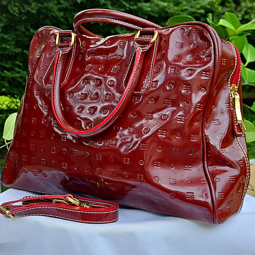 Arcadia Chocolate Cherry Patent Leather, Satchel Gold Hardware w/Shoulder Strap