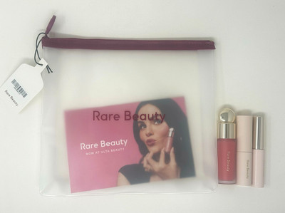 Rare Beauty Set Full Sz Happy Liquid Blush, Brow Gel, Travel Black Mascara & Bag
