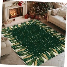 Green Xmas Tree Snowflake Christmas Area Rug, Winter Home Decor Low-Profile