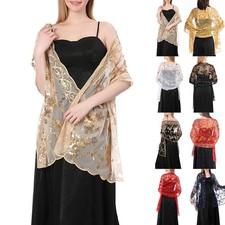 Navy Blue Sheer Tulle Lace Scarf with Long Sparkly Sequin Embroidered Leaves
