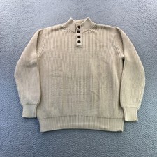 LL Bean Sweater Mens Large Tan Henley Knit Heavy Chunky Mock Cotton Classic Rib