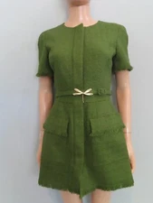 NWT Oscar de la Renta Green Tweed Short Sleeve Belted Dress Size US 4