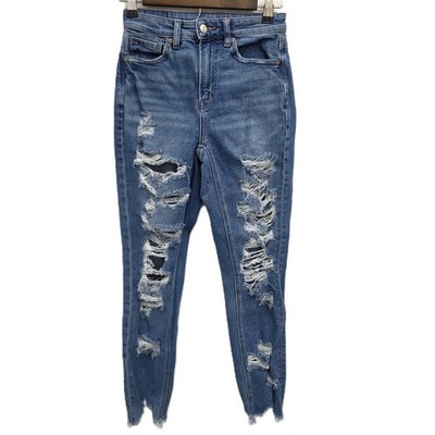 American Eagle Womens 00 Blue High Rise Distressed Mom Jeans Raw Hem Casual