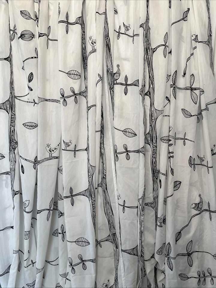 六个宜家 Eivor 窗帘 6 面白色黑叶鸟树图案长 57×98 — 第 2/4 张图片
