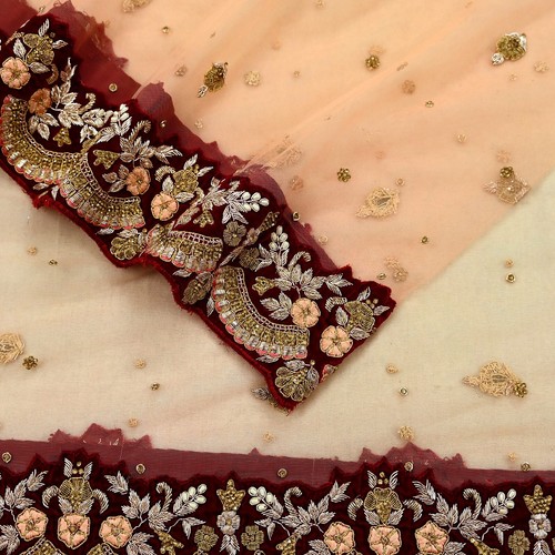 Pre-owned Heavy Peach Net Hand Embroidered Designer By Anamika Khanna Dupatta - Picture 9 of 20