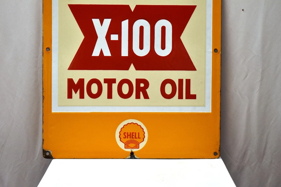 Vintage Shell X-100 Motorenöl Zweiseitig Porzellan Emaille Sign 22x18 Gas Petro - Bild 4 von 4