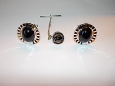 VINTAGE Swank Mens SILVER BLACK STONE Cufflink and Tie Pin Set