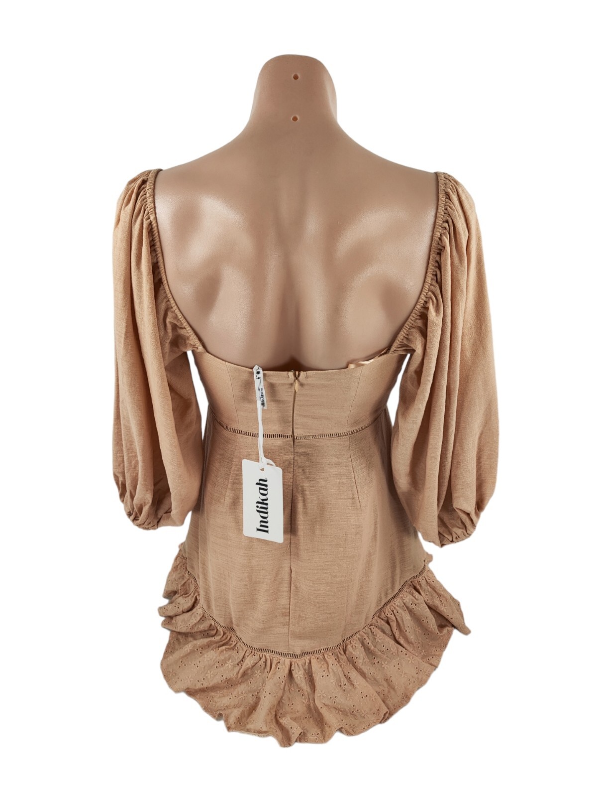 Indikah Under The Moon Puff Sleeve Dress Women's Size 10 Sand Lace Mini Backless image 4