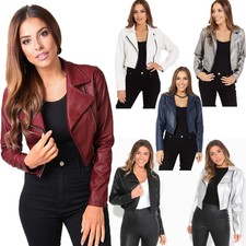 Womens Ladies Pu Leather Jacket Short Bolero Coat Cropped Light Biker Bomber Zip