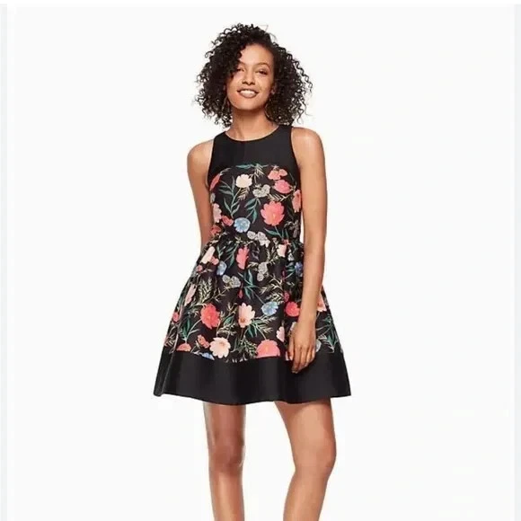 Mini abito senza maniche Kate Spade nero stampa floreale Mikado vestibilità e svasata 4