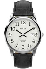 Timex TW2W95400, Men's Easy Reader Black Leather Watch, Indiglo, Date, 35MM Case