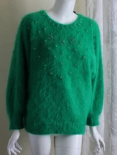 Fully Fashion Sz M L XL Green 80% 90% AMAZING Angora Sweater Vintage Lux Fluffy