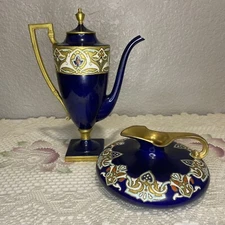 Vintage Hand Painted Belleek Coffee Pot With Unmarked Belleek Wine Jug