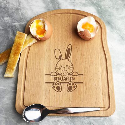 Baby Junge Hase Ostern personalisiert Geschenk Brot Eier Toast Frühstück Servierbrett