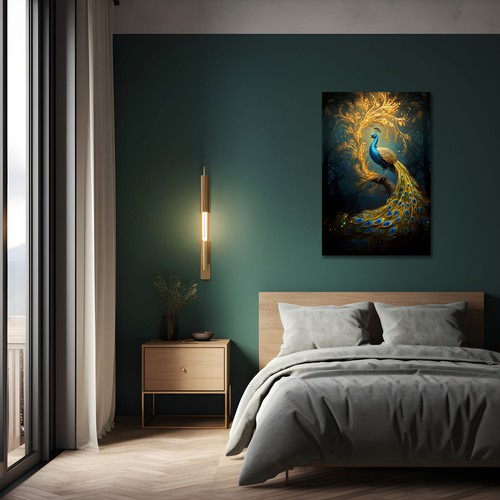 Mágico Oro Azul Pavo Lona Arte de Pared Impresión Espiritual Animal Decoración Pájaros - Imagen 8 de 12