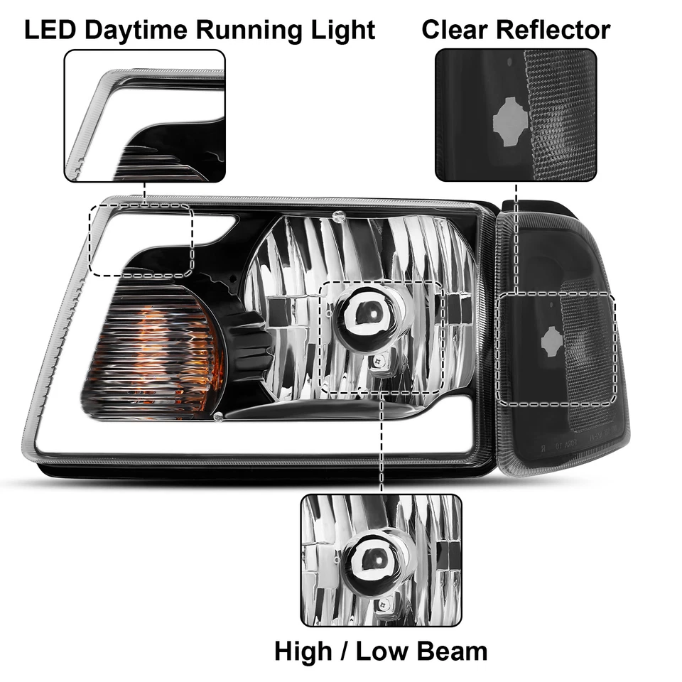 For 2001-2011 Ford Ranger Pickup LED Tube Black Headlights Headlamps Left+Right Foto 4 de 4