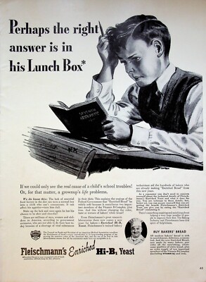 1941 Fleischmann's Enriched Yeast Vintage 1940s Print Ad School Boy Lunch Box
