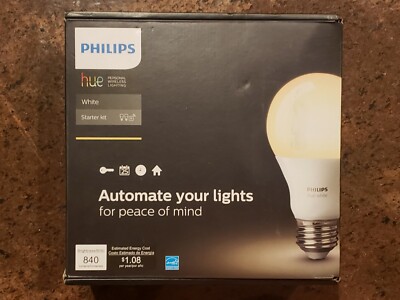 Philips Hue White A19 60W Equivalent Dimmable LED Smart Light Bulb Starter Kit
