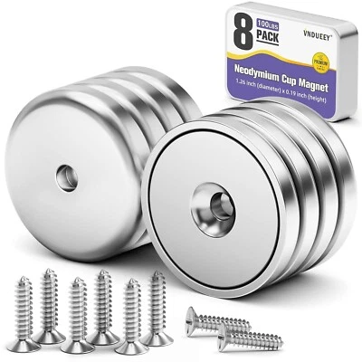 BRANDED 8Pack Neodymium round Base Cup Magnet 100LBS Strong Rare Earth Magnet Heavy Duty