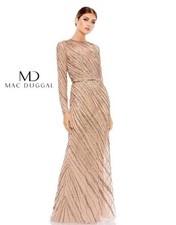 Women's Mac Duggal Long Sleeve Beaded Gown in Beige and Gold