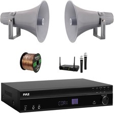 Pyle 1000W Home Audio Theater Receiver, 2x 12.7'' 60W RMS PA Horn Speakers Mic