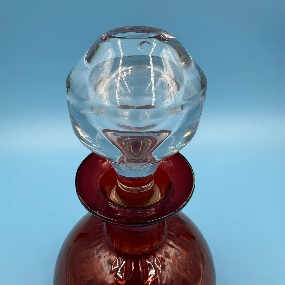 Vintage Ruby Red Hand-Blown Glass Decanter 50s-60s Blenko Style 8” Clear Stopper - Image 2 of 4