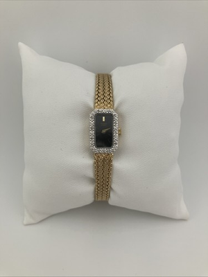 #ad Vtg Pulsar Ladies 11mm Watch Gold Tone Diamond Bezel Black Tank Dial v220 RUNS $89.99