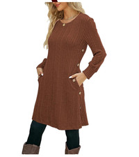 Kikibell Women’s Knit Sweater Dress Size L NEW Ribbed Button Side Pockets Brown