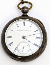 Antique Elgin Coin Silver Key-Wind Open Face Pocket Watch W/Key &Chain, Size 18