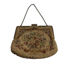 Antique Petit Point Needlepoint Floral Evening Bag Vintage Tapestry Chain Purse