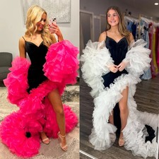 Velvet Mermaid Prom Gowns Oversized Ruffle Tulle Sleeves High Slit Party Dresses