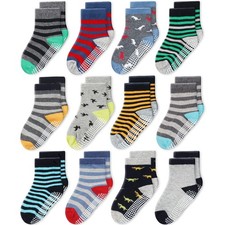 Non-Slip Crew Grip Socks Youth Stripes  Dinosaur - 12 pairs
