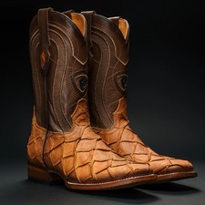 Genuine Leather Exotic Pirarucu Monster Fish Print Square Toe Western Boots-Oryx