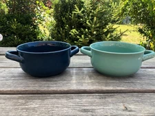 Set Of 2 Over & Back Soup Bowls Stoneware Handles Blue & Torquoise About 8.5"W