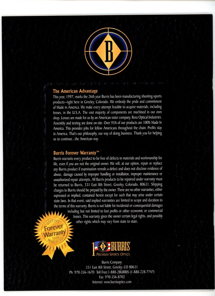 Catálogo Burris Optics 1997 pistola mira munición balas munición armas de fuego disparo Foto 3 de 3