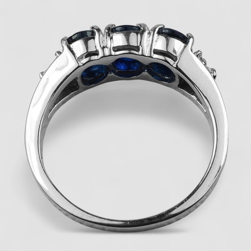 RARE! Royal Blue Sapphire Three Stone 925 Sterling Silver White Gold Plated Ring - Picture 3 of 8