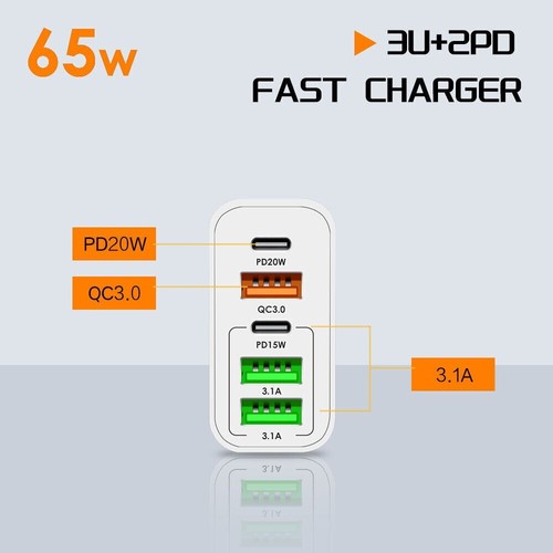 65W Quick Charger UK Plug Fast Wall Charger Power Adapter 5 Port USB-C PD Type C - Picture 5 of 6