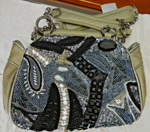 CHICO'S GRRENISH BEIGE FAUX LEATHER BEADED BLACK SILVERGLASS STONES SHOULDER BAG - Picture 15 of 19